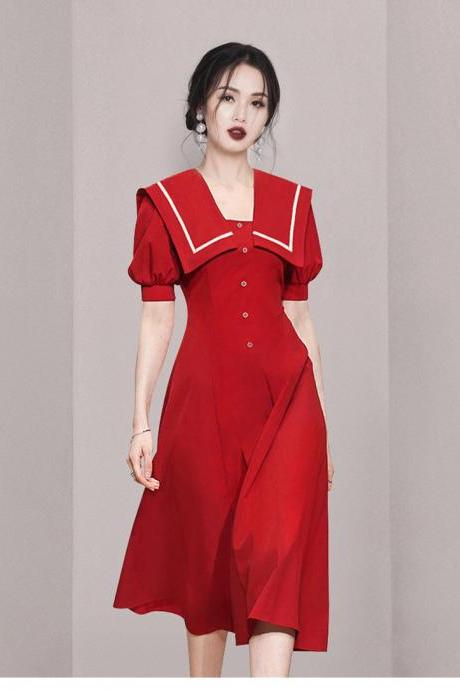 Summer Women Sailor Navy Style Red Collar Large Lapel High Waist Big Swing Dress