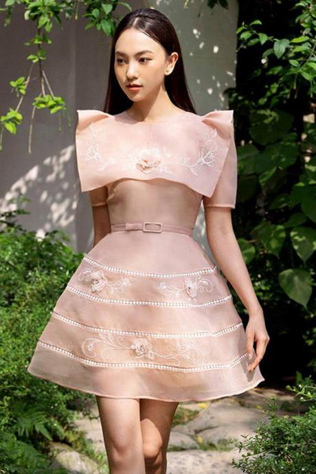 Cyber Fashion Design Summer new Organza Square Collar Texture 3D Embroidery Floral Flowers Ladies Dress Skirt