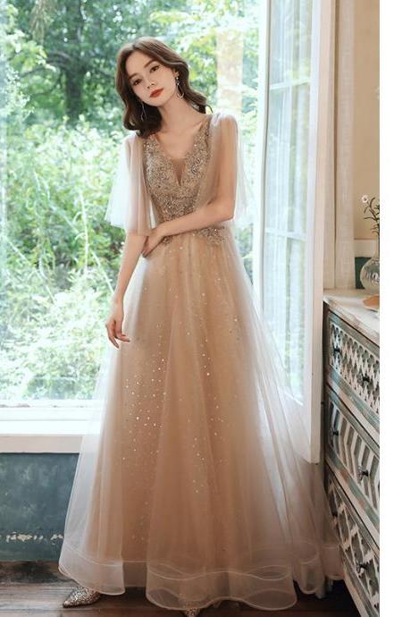 Sparkly Fairy Temperament Women Evening Champagne Embroidered Bridesmaid Long Floor Length Gowns Dress