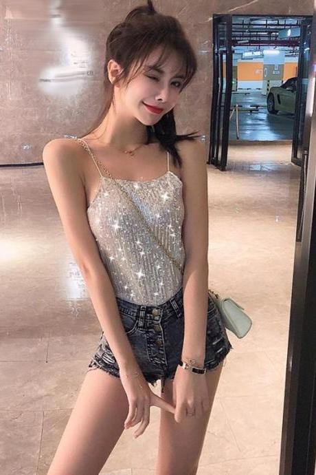 Amazing Summer Sexy Ladies Short Sparkly Sequin Sleeveless Sling Spaghetti Strap Vest Top