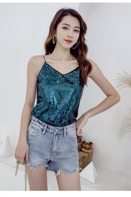 Summer Beautiful Shiny Sequins V-neck Shiny Spaghetti Strap Camisole Short Loose Vest Top Outer Wear