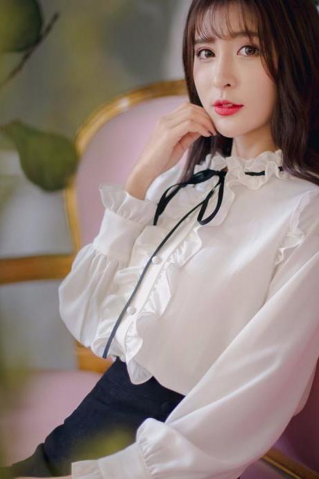 Perfect Look Solid Ruffle Front Button Frill Trim Mock Neck Stand Collar Design Top Long Sleeved Chiffon Shirt Blouse