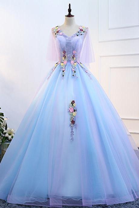 Gorgeous Stunning Sky Blue 3d Embroidery Floral Attractive Flowers V-neck Sleeveless Long Tutu Ball Party Dress