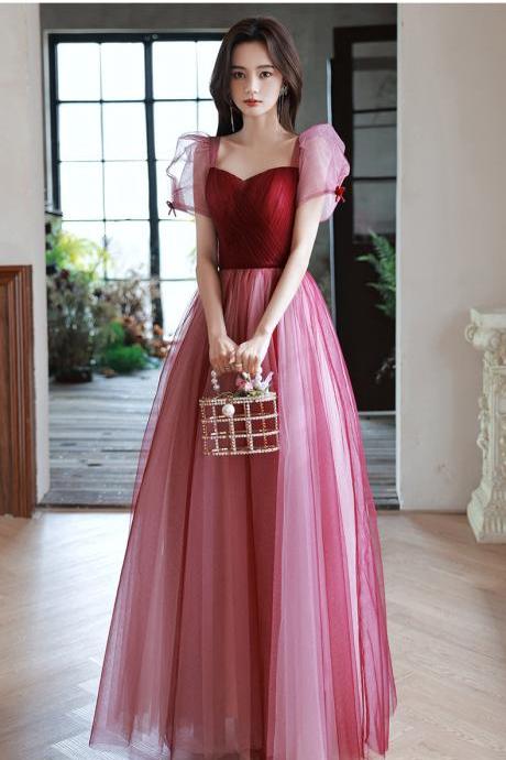 Elegant Temperament Red Puff Sleeves Sweetheart Princess Dress Banquet Bride Evening Party Prom Tulle Dress