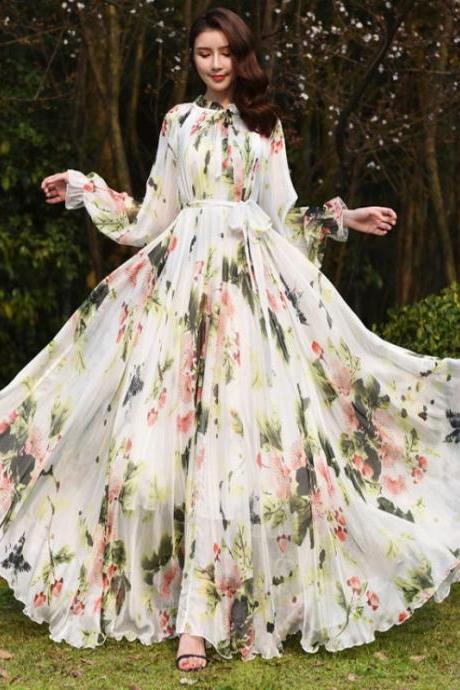 Fairy Summer Vacation Beach Large Size Oversized Bow Tie Long Sleeve Floral Printed Skirt Chiffon Maxi Dress