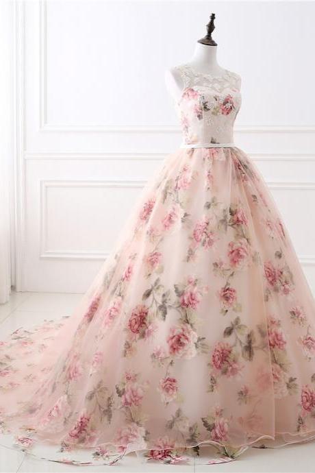 Summer Lovely Sweetheart Sleeveless Scoop Neckline Floral Big Flower Printed Pink Evening Ball Party Gown Dresses