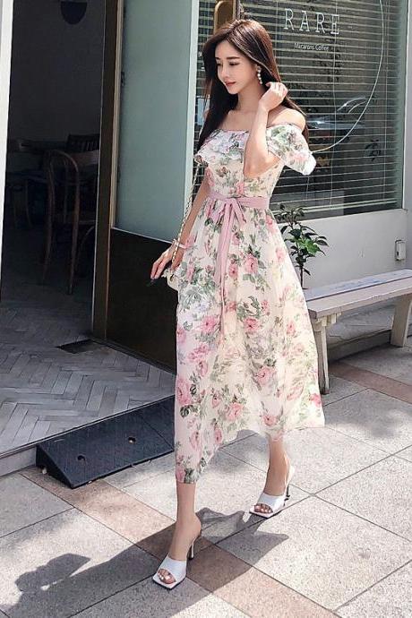 Women Summer Fashion Temperament Bohemian Pink Floral Printed Holiday Style Pleated Off Shoulder Chiffon Dress