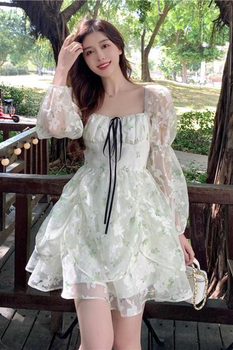 Organza Women Fairy Green Floral Square Collar Puff Sleeves High Waist Long sleeve A Line Skirt Dress