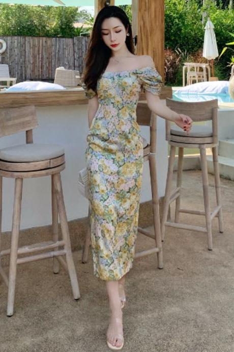 Summer Temperament Women Retro Strapless Yellow Floral Mid Length Puff Sleeves High Waist Holiday Long Dress