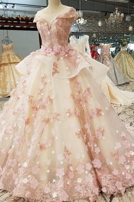Gorgeous Amazing Pink 3D Flower Floral Princess Bride Off Shoulder V Neck Evening Bridal Ball Gown Dress