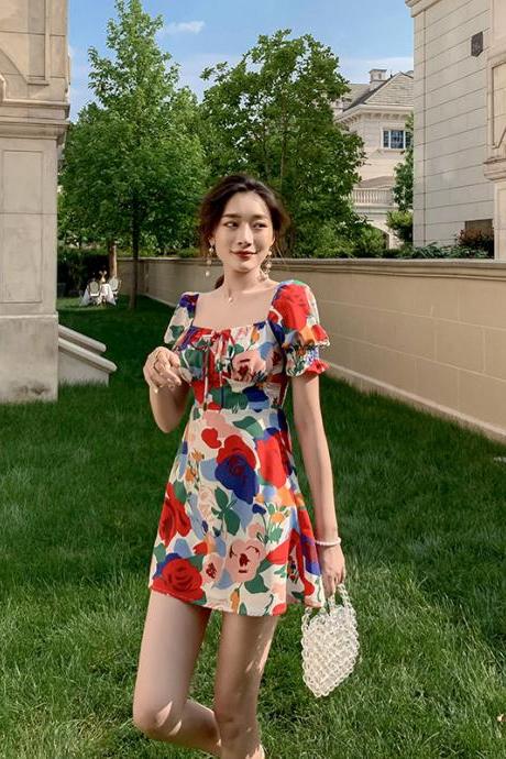 Temperament Summer Women Square Neck Tie Bow Puff Sleeves Colorful Bellflower Skirt A Line Dress