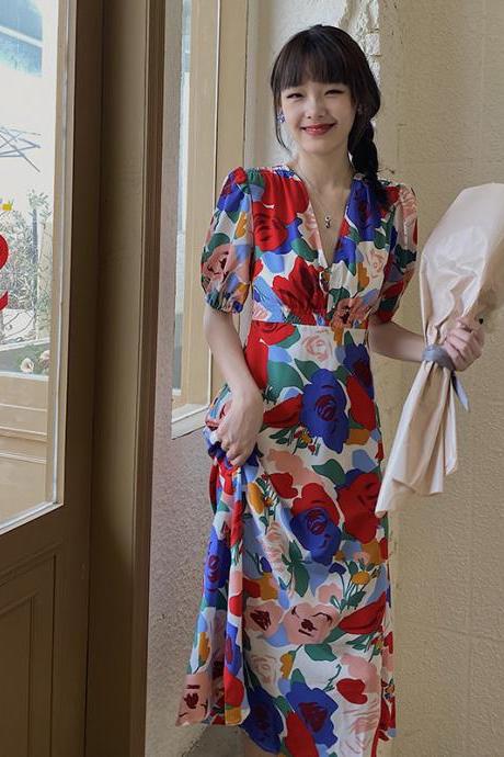 Summer Beautiful Sweet Style Women Retro High Waist Floral Printed V-neck Short Puff Sleeves A Line Dress