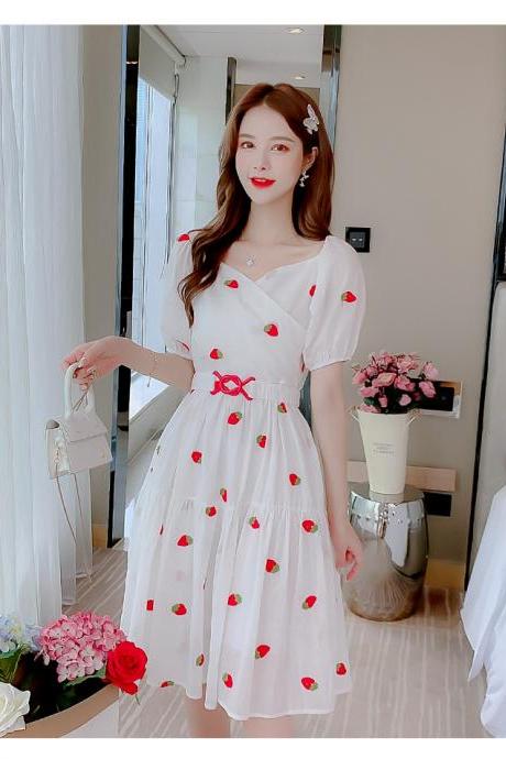 Fairy Summer Sweet Women Strawberry Printed Pattern Short Sleeves Round Neck Knee Length A Line Dress