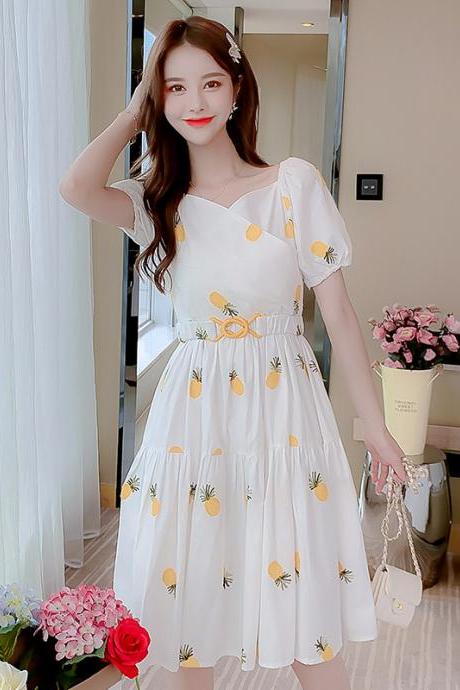 Tremendous Summer Chic Women Yellow Pineapple Printed Pattern Short Sleeves Round Neck Knee Length A Line Dress