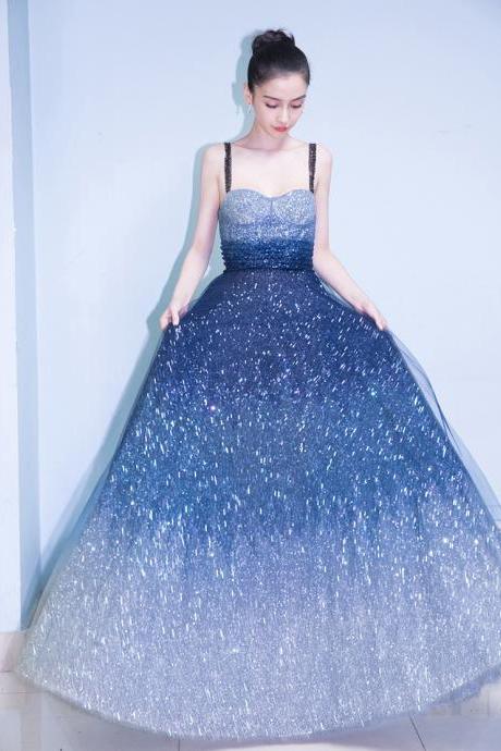 Perfect Look Starry Gradual Blue Change Shoulder Strap Embroidered Sequins Banquet Evening Birthday Party Ball Long Dress