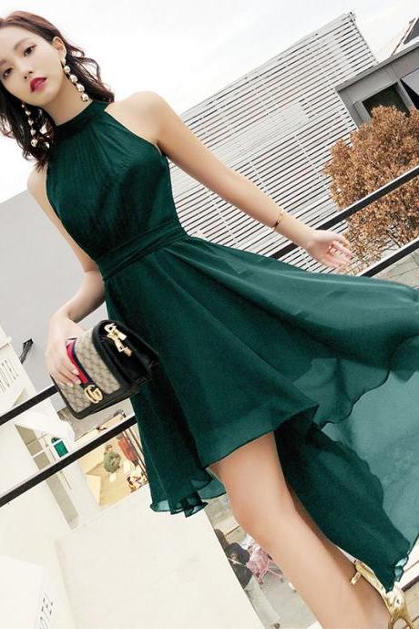 Temperament Fashion Elegant Women Green High Waist Back Bow Sleeveless Irregular Hem Evening Party Dress
