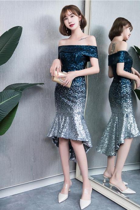 Summer Elegant Vintage Sequin Gradient Color Irregular Hem Off Shoulder Evening Short Mermaid Dinner Party Dress