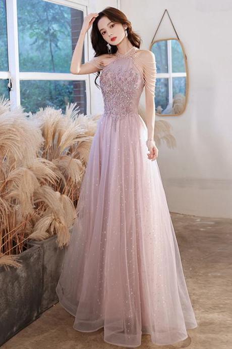 Elegant Temperament Women Pink Halter Neck Embroidered Sequins Celebrity Banquet Noble Meeting Long Dress