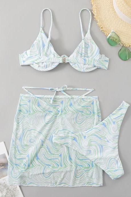 Sexy Green Three Piece Set Bikini Swimsuit Mesh Shoulder Strap Push Up Bikini Printing Swimwear Skirt