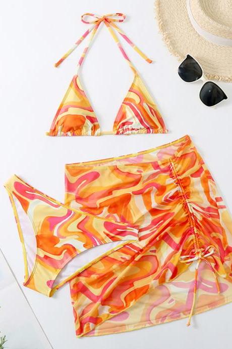 Cheerful Sexy Women Attractive 3 in 1 Three Piece Orange Yellow Stylish Wavy Texture Printed Bikini Mesh Swimwear