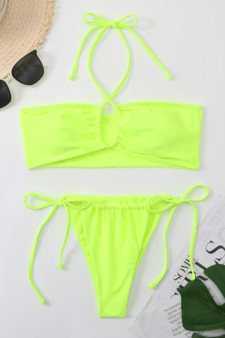 Sexy Strappy Halter Neck Yellow Solid Color Side Wrap Bust Hollow Out Bikini Swimsuit