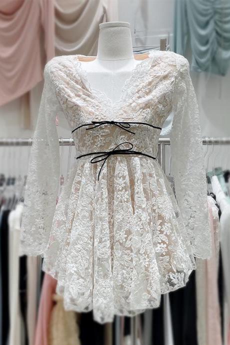 Beautiful Elegant Cozy Ladies Beige V-neck Long Sleeved Lace High Waist Puffy Party Clubbing Dress
