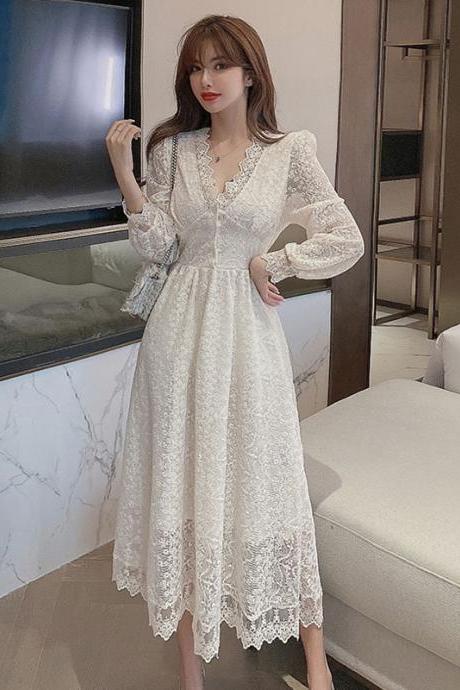 Look Great Temperament Fairy Women V Neck Tight Waist Slim Long Sleeved Lace White A Line Dress