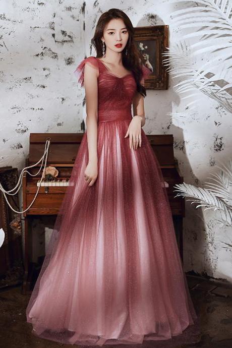 Temperament Fairy Elegant Wine Red Gradient Banquet Pleated Shoulder Sleeveless Bandage Evening Maxi Dress