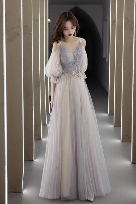 Elegant Temperament Fairy Women Gray V Neck Spaghetti Strap A Line Tulle Formal Long Prom Dress