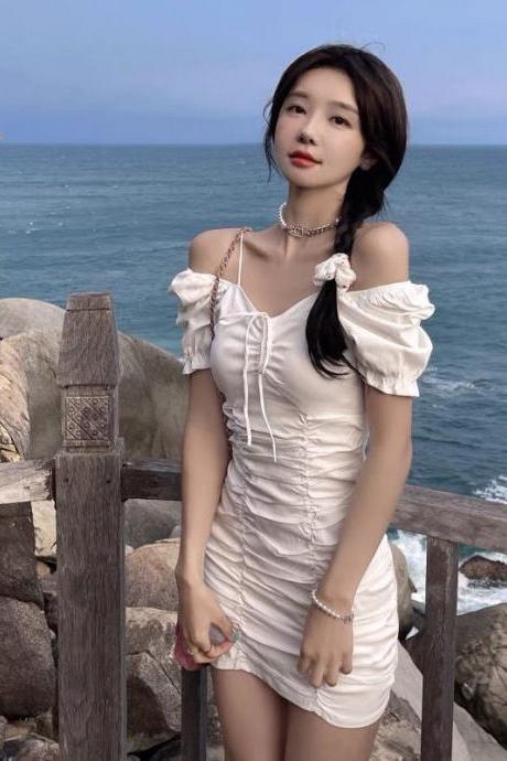 Summer Sexy Women Pleated Vintage Front Bow Shoulder Spaghetti Strap Square Neck Puff Sleeves Mini Dress