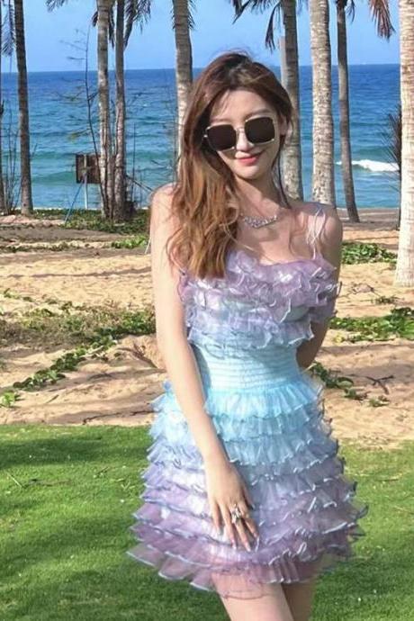 Summer Beach Women Tie Dye Gradient Strap Tube Top Sweet Ruffled Style High Waist Cake Short Dress