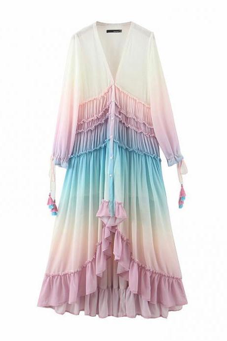 Holiday Style Women Dress Colorful Color Change Tassel Long Skirt Beach Long Sleeves Trapezze Tent Dress