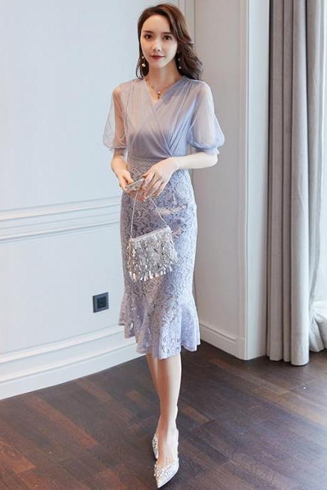 Summer Temperament Women Fashion Design Ruffle V Neck Short Sleeves Lace Party Mid Length Fishtail Dress