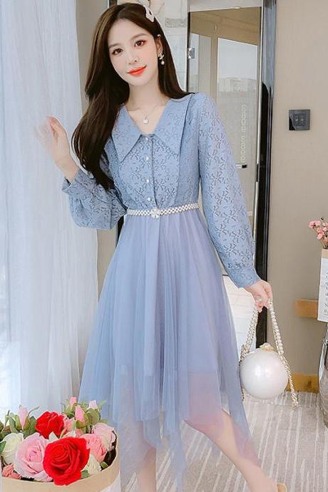 Fairy Sweet Temperament Women Long Sleeves Big Polo Collar Irregular Mesh Hem Stitching Lace Dress