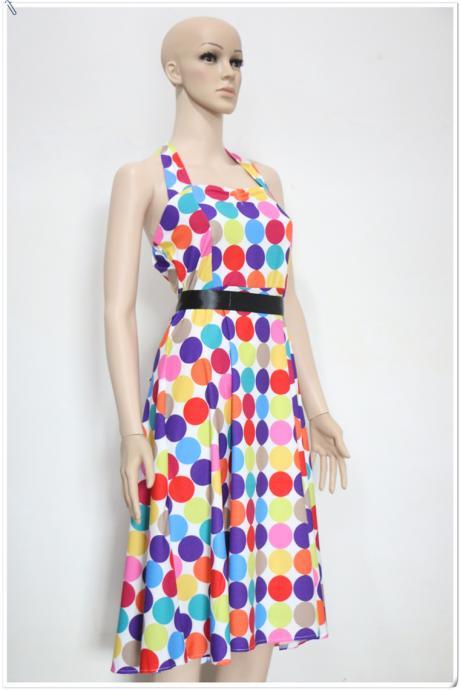 50s Holiday Women Retro Traditional Style Color Colorful Polka Dot Halter Neck High Waist Large Swing Dress With Belt