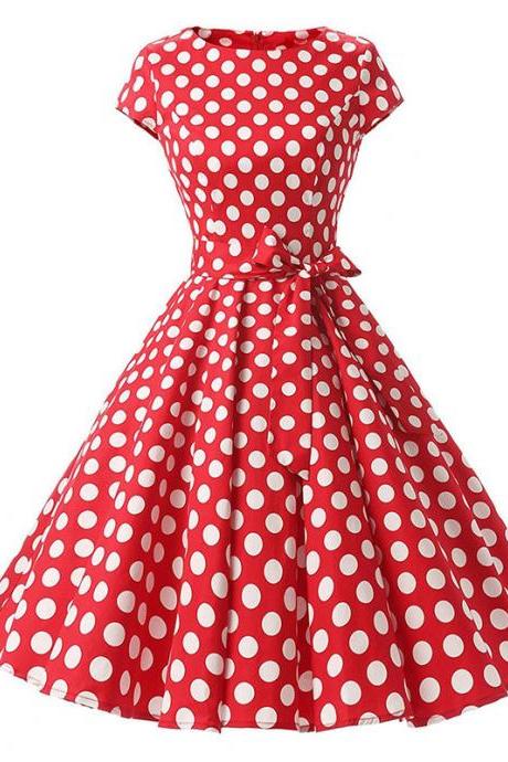 Temperament Retro Women Vintage Polka Dot Round Neck Short Sleeves Waist Bow A Line Spotty Ditsy Prints Dress