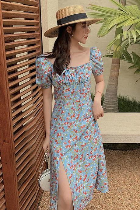 Summer Seaside Holiday Beach Chic Women Retro Palace Style Blue Bellflower Square Neck Side Split Floral Dress