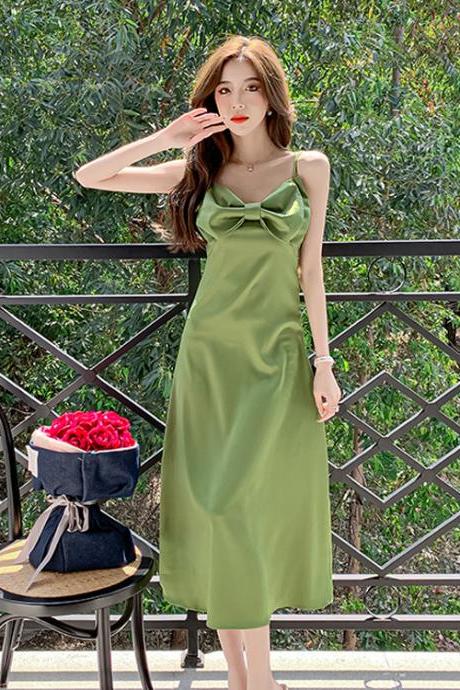 Retro Summer Temperament Women Solid Color Sleeveless Slip Satin Spaghetti Strap Long Party Dress