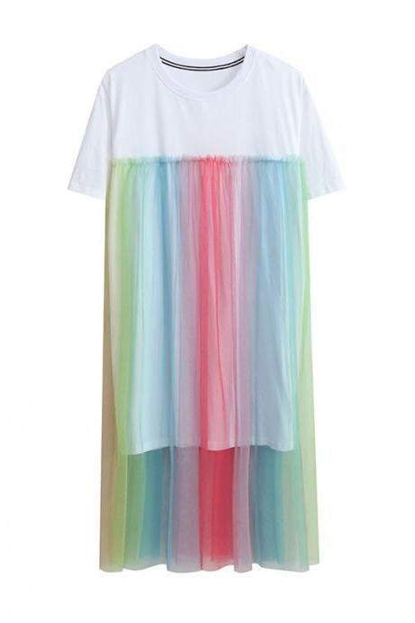 Summer Beautiful Sweet Women Long Loose Fit Rainbow Color Mesh Stitching Short Sleeved Round Neck T-shirt Dress