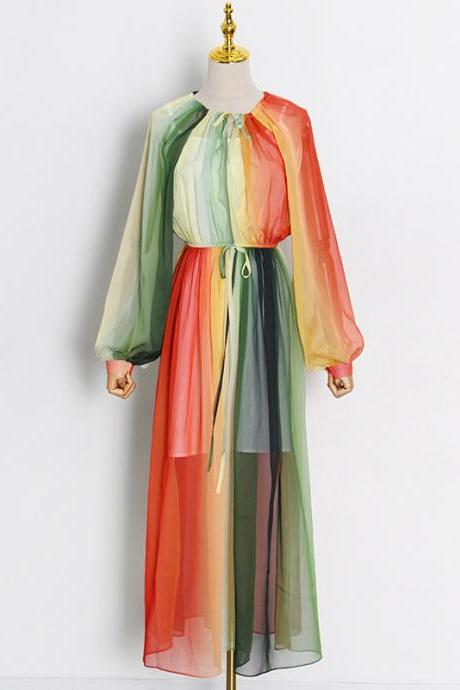 Summer Elegant Women Colorful Rainbow Round Neck Chiffon Lantern Sleeves High Waist Big Swing Long Dress