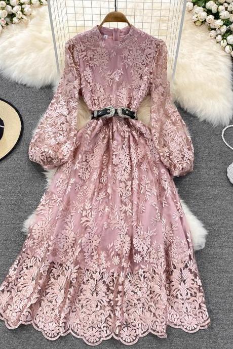 Luxury Temperament Women Stand Up Collar Lantern Long Sleeved Lace Waist A Line Mesh Floral Embroidery Pleated Hem Dress