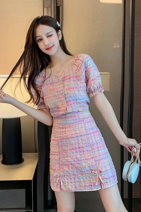 Summer Amazing Pretty Women Fashion Short Sleeves Waist Pink Plaid Top Two Pieces Suit Bow Skirt