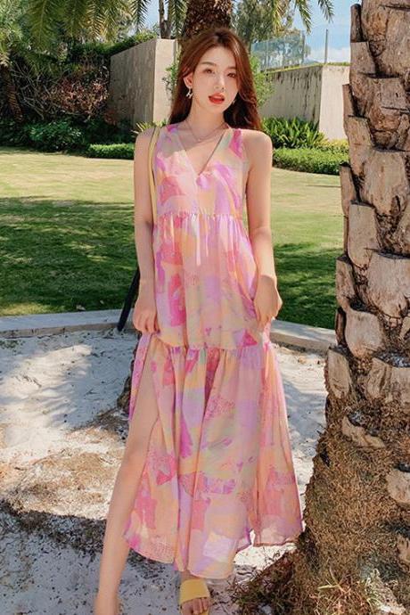 Elegant Summer Beach Sexy Women V-neck Backless Floral Printed Side Split Leisure Long Maxi Dress