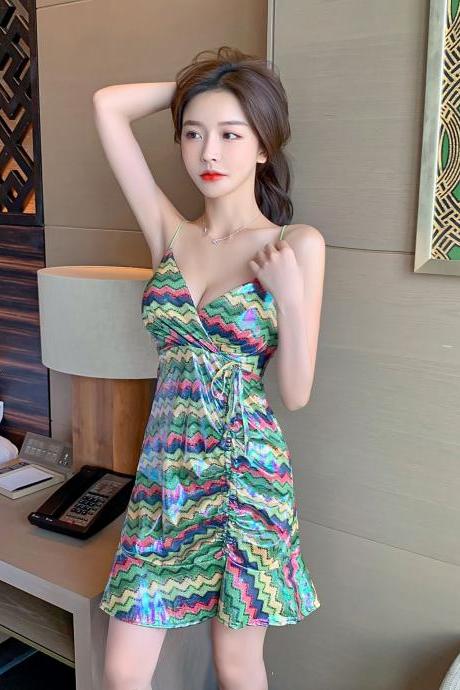 Sparkly Pretty Sexy Women Green Deep V Neck Spaghetti Shoulder Strap Backless Drawstring Tie Ruched Ruffled Fishtail Dress