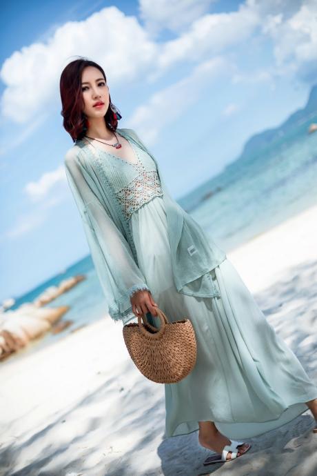 Fashionable Summer Beach Walk Women Hollow Embroidery Lace Bohemian Sleeveless Backless Cardigan Dress