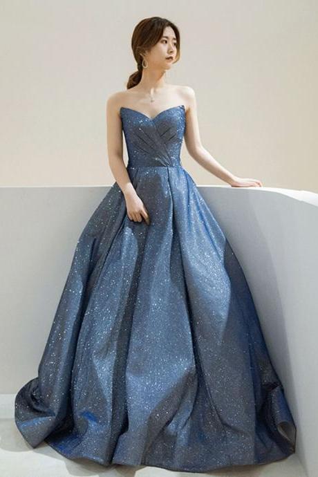 Elegant Women Royal Blue Blink Solid Color Strapless Evening Princess Sweetheart High Waist A Line Prom Dress