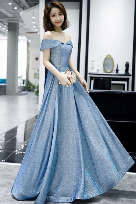 Elegant Women Charming Sky Blue Color Off Shoulder Strapless Birthday Party High Waist Evening Flare Prom Dress