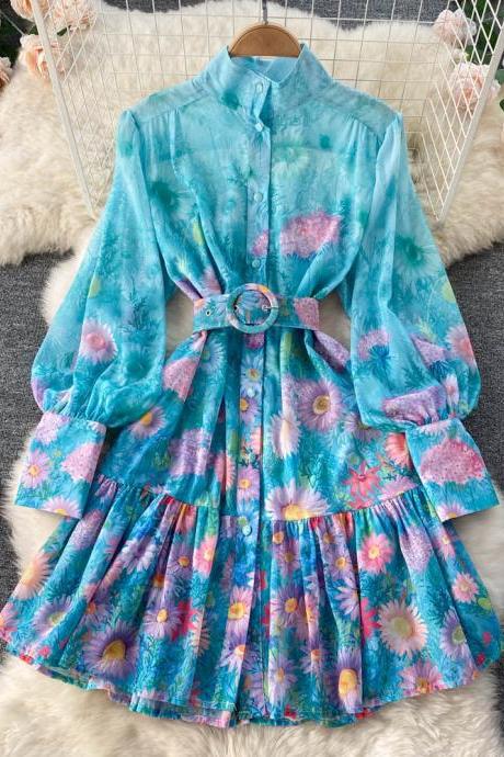 Artsy Style Stylish Women Stand Collar Long Lantern Sleeve Floral Printed Mid Length Pleated Dress