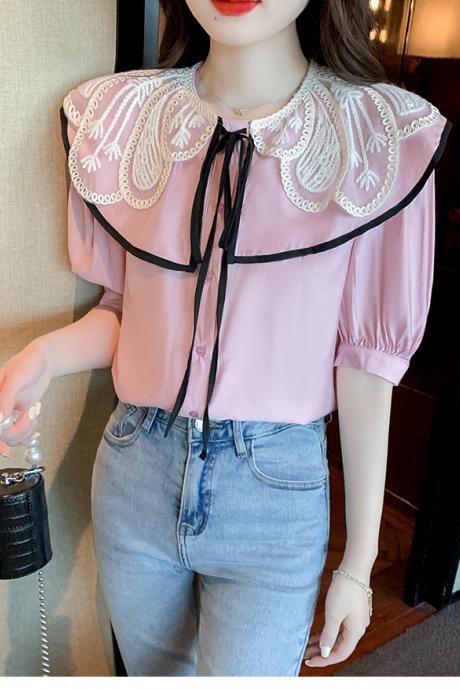 Summer Casual Women Lace Collar Bow Tie Sweet Blouse Pink Short Sleeved Top Shirt