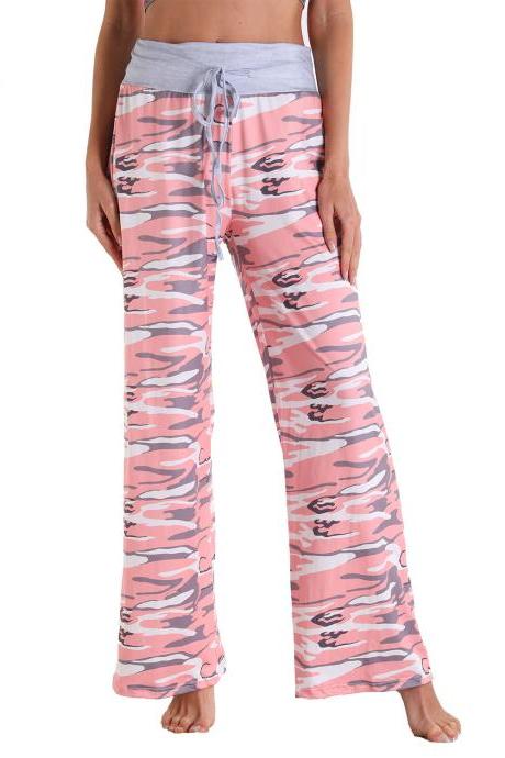 Leisure Sports Yoga Women Casual Elastic Trousers Loose Fit Strap Pink Dye Painting Printed Pants